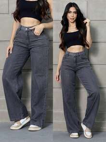 Women's Wide Leg Jeans, High Waist, High Waistband, Enhances Buttocks, Sizes 36 To 46 - 灰色 - 查看 9