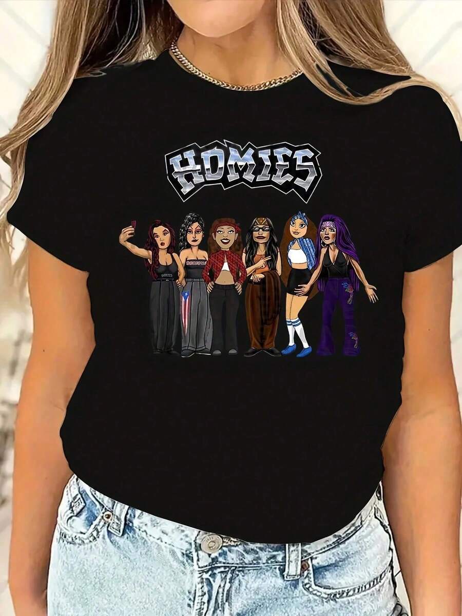 Homies Selfie Squad T-Shirt - Fun Cartoon Design - Stylish Tee For Women - Ideal Gift For Besties - 黑色 - 查看 1