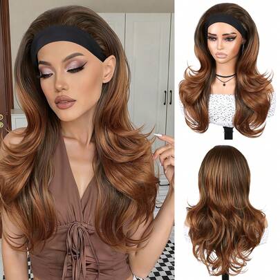 Layered Body Wavy Headband Wig Mix Ombre Brown Color Wig For Women Synthetic Wigs Glueless Wigs Light Weight Wig Ombre Blonde Wig For Daily Use Natural Looking Wear And Go K Pop Carnival Glueless Wig(Brown Highlights ,Black,Ombre Blonde Ombre Brown )