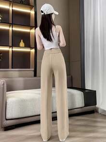 Women's Solid Color Front Double Button Slim Fit Pants Spring - Khaki - View 2