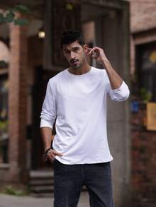 Men's Solid-Color Casual Long-Sleeved T-Shirt, Multi-Functional, Spring/Autumn, Autumn Long T-Shirt, Solid-Color Long-Sleeved Shirt Without Printed Patterns - 白色 - 查看 2