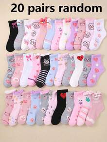 20 Pairs Girls' Cartoon Pattern Comfortable Mid-Calf Socks, Rabbit/Bear Designs, Lace Trim, Assorted Styles, Suitable For Daily Wear - Multicolor - View 19