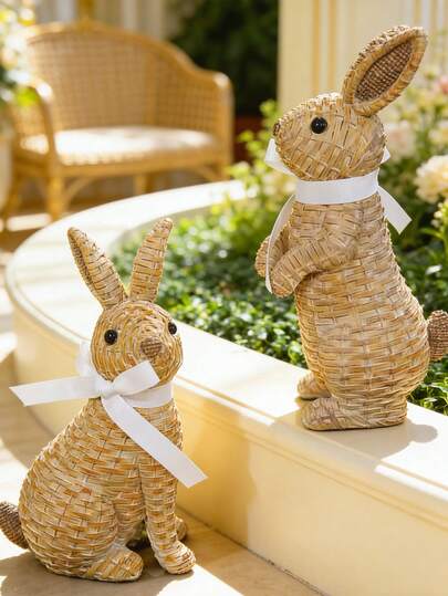树脂藤编纹理兔子摆件套装（配白色丝带） - 可爱的兔子造型，非常适合摆放在客厅书架、露台桌椅和梳妆台上。增添温馨迷人的氛围，是时尚家居装饰的热门之选，可用于打造别致的室内/室外摆设。复活节装饰品，复活节礼物。
