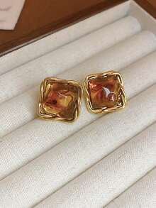 1 Pair Metal & Amber Geometric Exaggerated Retro Earrings For Women, Fashion Party Personalized Eardrops - Brown - View 4