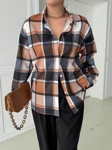 女士格子图案翻领纽扣长袖休闲通勤衬衫 - 彩色 - 查看 5