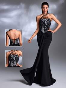 A Black Lace-Paneled Wrapped One-Shoulder High-Slit Lace-Up Mermaid Train Sexy Retro Evening Gown - Black - View 7