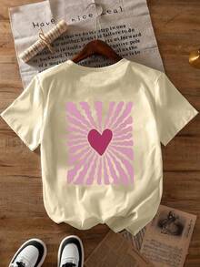 Women's Casual Washed Red Heart Graphic Round Neck Short Sleeve T-Shirt, Suitable For Spring, Summer And Autumn - Apricot - View 5