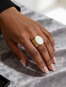 Mazuer 1pc 18K Gold Plated Oval Wide Adjustable Ring, Vintage Elegant Stainless Steel Jewelry For Women, Suitable For Party, Daily Wear, Gifts - White + Golden Yellow - View 3