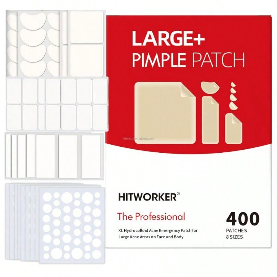 Megapaquete 400 Parches para Acné Hidrocoloide HITWORKER - 8 Tamaños Diversos (incluye XL) - Tratamiento Invisible para 