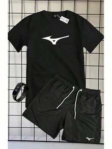Set: 100% Cotton Short-Sleeve Crew Neck T-Shirt And Tactel Shorts With Pockets And Drawstring, MIZZU Tennis Shoe Print + Free Watch. Summer, Beach, Parties, End Of Year Perfect. - màu đen - Xem 1
