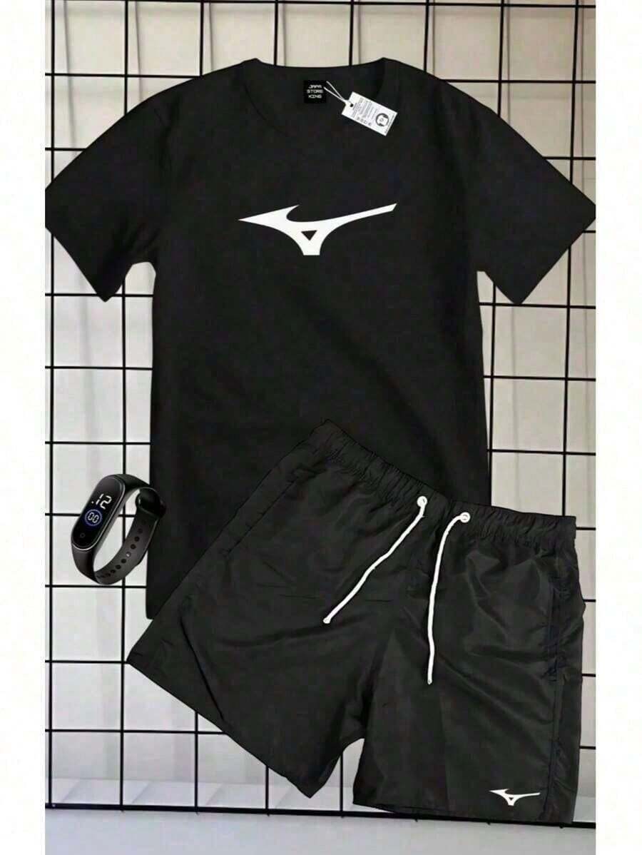 Set: 100% Cotton Short-Sleeve Crew Neck T-Shirt And Tactel Shorts With Pockets And Drawstring, MIZZU Tennis Shoe Print + Free Watch. Summer, Beach, Parties, End Of Year Perfect. - màu đen - Xem 1