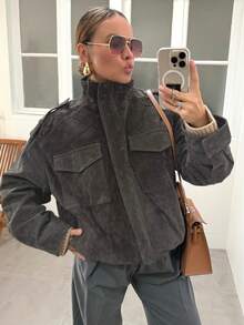 Women's Suede Jacket, Winter Coat, Long Sleeve Top, Button-Up Jacket, Zip-Up Bomber Jacket, Streetwear Top - Dark Grey - View 5