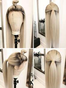 Ombre Brown Roots Ash Blonde 250 Density Lace Front Wigs Human Hair Long Straight Glueless Wigs Human Hair Pre Plucked Bleached Knots 13x4 HD Transparent Silky Straight Lace Frontal Wig For Women - 根根分明與漸層 - 查看 7
