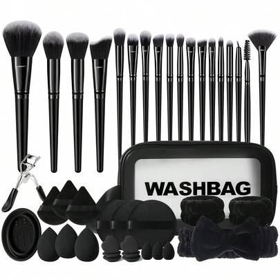 Bộ dụng cụ trang điểm 42 món bao gồm: Bộ 18 cọ trang điểm + 1 túi đựng mỹ phẩm và đồ dùng cá nhân đa năng có khóa kéo chống thấm nước + 1 dụng cụ uốn mi + 3 bông phấn tam giác + 3 bông phấn tròn + 1 băng đô + 2 dây đeo bát đựng phấn + 3 miếng mút trang điểm mini + 6 miếng mút phấn phủ mini + 3 miếng mút trang điểm + 1 dụng cụ vệ sinh cọ trang điểm, tất cả trong một & thân thiện với người mới bắt đầu | Sẵn sàng mang theo du lịch & thích hợp làm quà tặng | Hoàn hảo cho người mới bắt đầu/phụ nữ