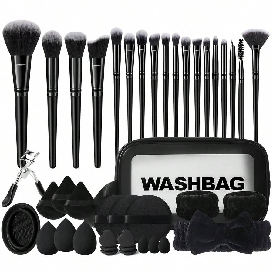 42件套化妆工具套装，包括：18支化妆刷套装+1个多功能防水拉链化妆包+1个睫毛夹+3个三角粉扑+3个圆形粉扑+1个发圈+2个手碗挂绳+3个迷你化妆海绵+6个迷你气垫粉扑+3个化妆海绵+1套化妆刷清洁工具，一应俱全，新手友好 | 方便旅行携带，送礼佳品 | 新手/女性的完美之选 - 彩色 - 查看 1