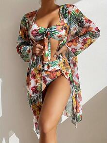 Women's 3-Piece Summer And Beachwear Set, Includes Push-Up Bra Top With Scarf, High-Waisted Panties, And Chiffon Dress With Random Print, Stylish Bikini Swimsuit - 白綠色 - 查看 8