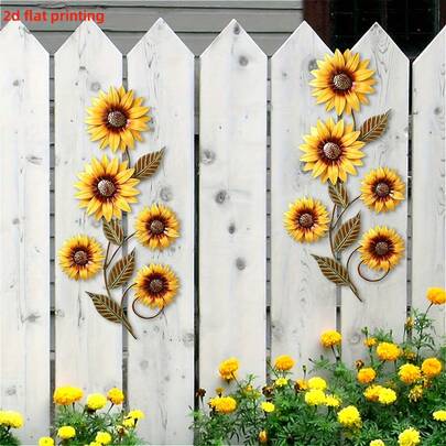 2D平面精美亚克力向日葵户外墙饰，两件套，色彩鲜艳，防腐蚀，剪影效果出色，适用于围栏和花园庭院装饰。适合春季、感恩节等节日，是馈赠佳品。