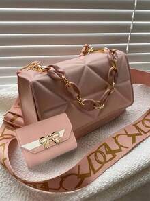 新款时尚单肩斜挎包，简约菱形图案手提包，配有可拆卸肩带 - 彩色 - 查看 1