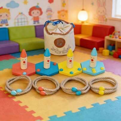 1件套户外运动主题绳索圈游戏套装，带小丑底座，适合感官游戏和技能发展，草坪游戏区，户外休闲设备，色彩缤纷的游戏装置，耐用绳索材质，户外游乐场设备，颜色随机