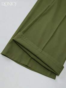 DONICY 女士春夏纯色喇叭长款西装裤，时尚复古休闲优雅都市白色正装裤，适合日常休闲、商务办公、派对等场合 - 軍綠色 - 查看 5