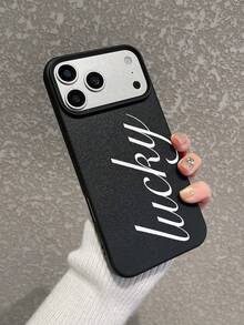 Lucky Letter Print Phone Case, Black Faux Leather Texture Shockproof Case, Scratch-Resistant Anti-Slip Protective Phone Cover, Minimalist Aesthetic Design, Fashionable Phone Case, Everyday Use Phone Case, Compatible With IPhone & Galaxy - Black - View 2