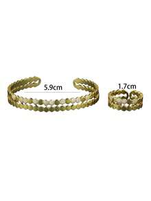 Retro Style Dual-Tone Electroplated Cubic Zirconia Striped Bangle & Ring Set, Suitable For Daily Wear - Style a Gold - View 7