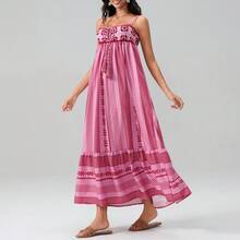 Women Sleeveless Floral Dress Casual Summer Tie Straps Backless A-Line Party Dress For Beach Club Streetwear - Màu Hồng Tươi - Xem 5