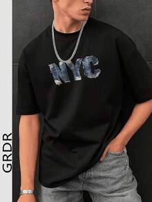GRDR 1pc Men's Fashionable Printed Loose Fit Short Sleeve T-Shirt | Exquisite Design | Summer Essential | Easy To Match | Showcase Your Style - Black - View 1