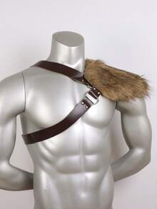 1 PC Vintage Faux Fur Shoulder Armor | PU Leather Crossbody Strap | Perfect For Carnival, Cosplay & Stage Performances - Brown - View 4