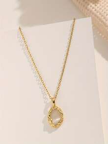 1pc Stainless Steel INS Style Luxury Cat Eye Stone Pendant Necklace, Gold Braided Edge Round Plate Delicate Minimalist Necklace, Suitable For Daily, Commute, Date, Party Wear, Unique Elegant Choker Necklace, Fashion Jewelry (OPP Bag Packaging) - Gold - View 1