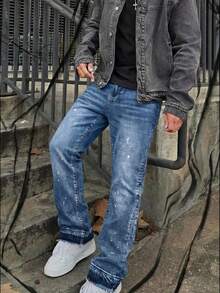 Men's Denim Jeans Flared Leg Jeans, Slim Fit Distressed Flare Leg Jeans, Y2K Stacked Jeans, Versatile Washed Embroidered Jeans For All Seasons - Blue - View 4
