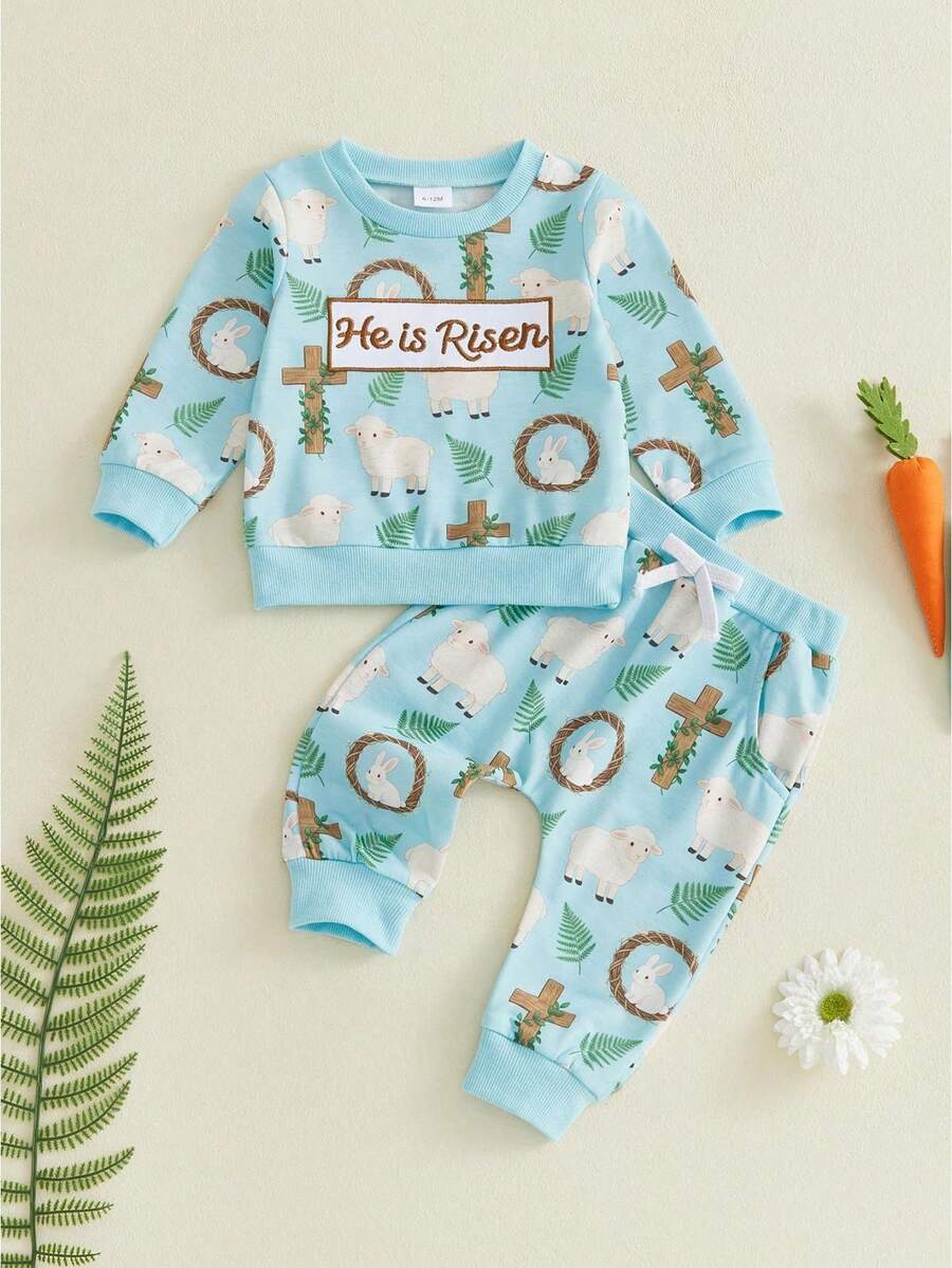 Kids Toddler Baby Boy Girl Easter Girls Outfits He Is Risen Baby Christening Spring Fall Winter Clothes Letter Sheep Cross Rabbit Embroidery Long Sleeve Sweatshirt Tops Long Pants Set - 藍色 - 查看 1