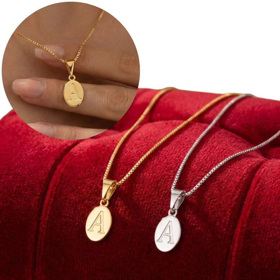 Women's Initial Letter Necklace With Engraved Plate (45cm) 18k Gold Plated, Hypoallergenic - Vàng - Xem 1