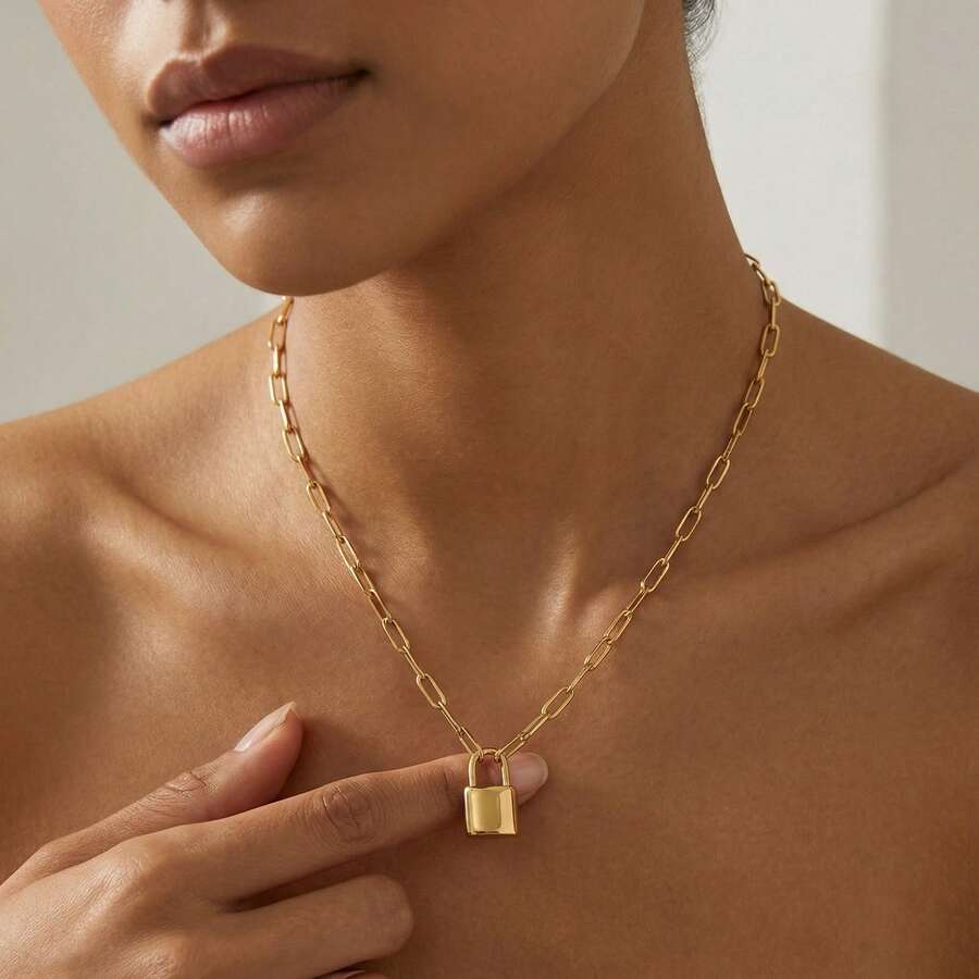 時尚不銹鋼鎖鎖吊墜項鍊適合女士 - 金黃色 - 查看 1