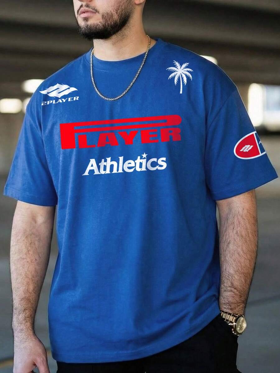 Tricou bărbătesc cu guler rotund, stil sport și streetwear, imprimeu grafic, mânecă scurtă - Albastru - Vizualizare 1
