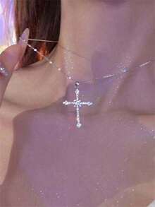 1pc Full Diamond Star Shaped Cross Pendant Necklace For Women – Fashionable Rhinestone Style Jewelry, Perfect For Parties, Gift Idea, Lightweight And Sparkling Accessory - 1 - 查看 9