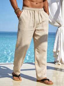 Men's Casual Solid Color Pocket Drawstring Loose Linen Pants, Comfortable For Spring, Summer, Autumn And Winter - Beige - View 6
