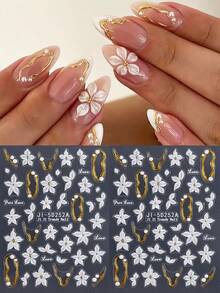 5D Embossed White 5-Petal Flower Nail Stickers With Gold Borders And Lines, Cute And Elegant Self-Adhesive Nail Art Decor For Spring/Summer, DIY Nail Salon Supplies - Multicolor - View 3