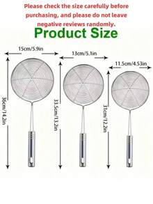 Set de 3 piezas de colador de acero inoxidable, espumadera de metal duradera con mango largo, apto para freír, escurrir fideos, con anillo para colgar, se ajusta a herramientas de cocina de 12, 12.6, 13.8 pulgadas - Multicolor - Ver 4