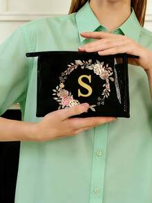 1pc Wide Bottom Mesh Cosmetic Bag, Printed With Floral And Gold Letter Pattern, Mesh Design Prevents Moisture, Suitable For Traveling Bottles, Cosmetics, Toiletries, Skincare, Shampoo, Lotion, Zippered Closure Foldable Lightweight Fade-Resistant Storage Pouch, Gold Mesh Cosmetic Bag With Letter And Floral Print, Ideal Valentine's Day Gift Bag - Multicolor - View 3
