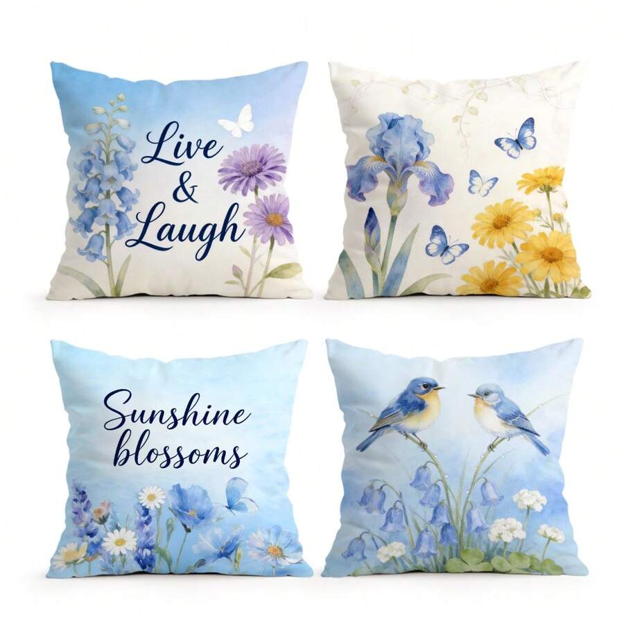 4件套蓝色水彩花卉、蝴蝶、鸟类和文字图案抱枕套，单面印花，适用于客厅、卧室、家居装饰，四季皆宜