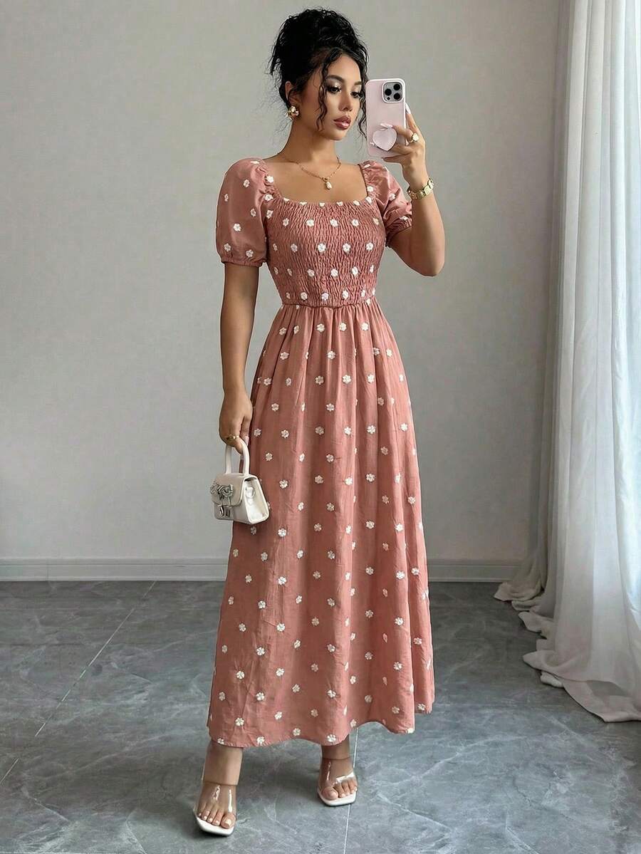 Elegant Printed Long Dress, Spring Style, Lined With Elastic, Short Puff Sleeves, Spring/Summer Fashion - Dusty Pink - View 1
