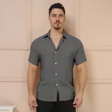 YLF MODAS Men's Short-Sleeved Button-Down Dress Shirt - Plain - Grey - View 8