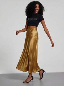 YROOE 女士时尚休闲简约优雅弹力缎面感缎面半身裙 - 駝色 - 查看 5