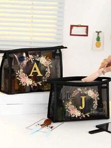1pc Wide Bottom Mesh Cosmetic Bag, Printed With Floral And Gold Letter Pattern, Mesh Design Prevents Moisture, Suitable For Traveling Bottles, Cosmetics, Toiletries, Skincare, Shampoo, Lotion, Zippered Closure Foldable Lightweight Fade-Resistant Storage Pouch, Gold Mesh Cosmetic Bag With Letter And Floral Print, Ideal Valentine's Day Gift Bag - Multicolor - View 4