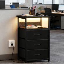 File Cabinet With Charging Station & 3 Drawers, Adjustable LED Light, USB Ports & Power Outlets, Multipurpose Storage Cabinet For Home Office, Also Used As Side Table & Nightstand - 美規B型插(110-127V) - 查看 2