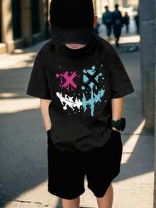 Divertida camiseta infantil estampada en tejido de algodón suave, manga corta y cuello redondo. El regalo perfecto del verano. Para niños y niñas, camisetas de verano imprescindibles, camisetas de manga corta para adolescentes - Negro - Ver 1