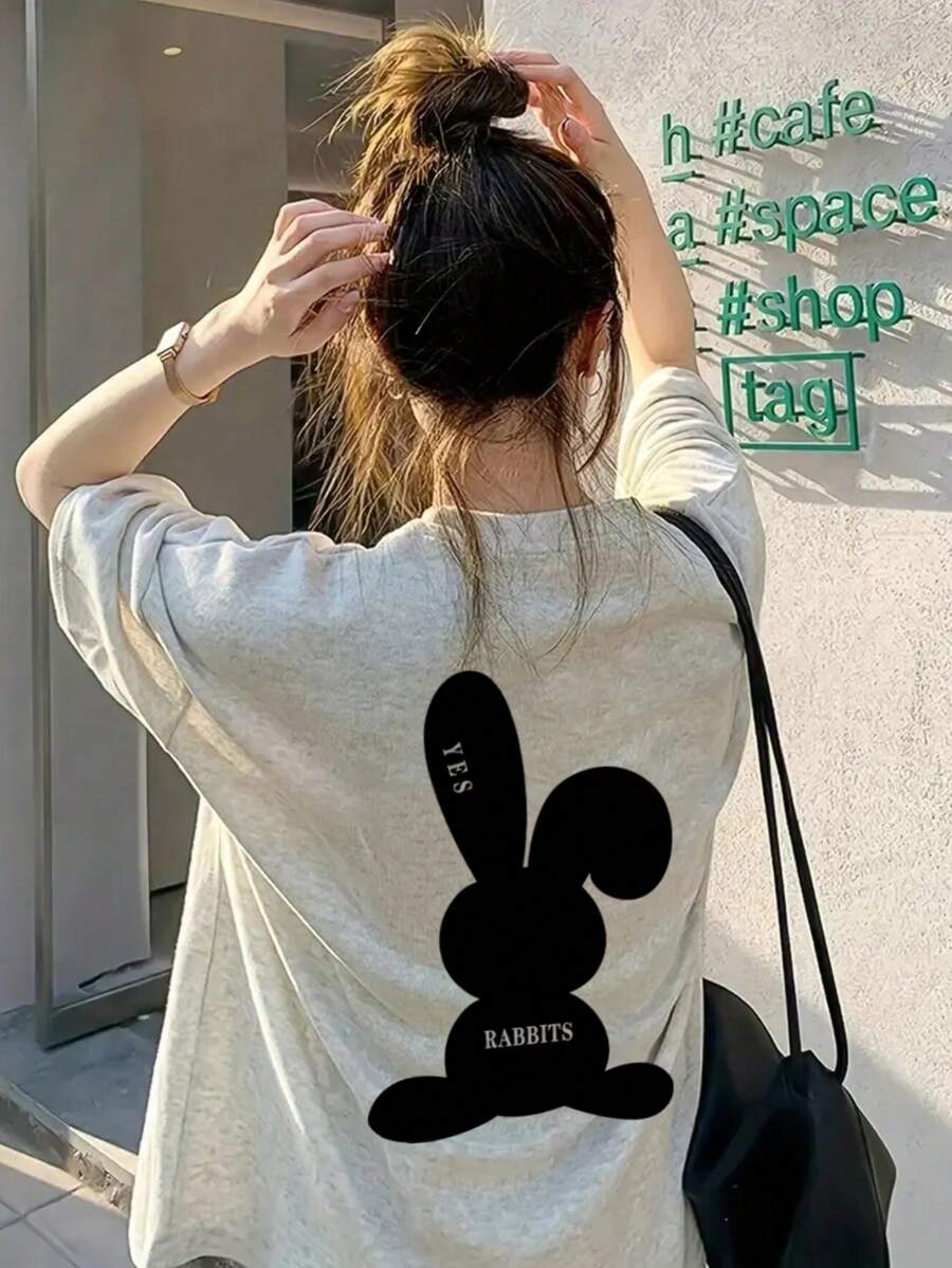 Women's Casual Round Neck Loose Fit Rabbit Cartoon Letter Print Short Sleeve T-Shirt, Spring/Summer - Light Gray - View 1