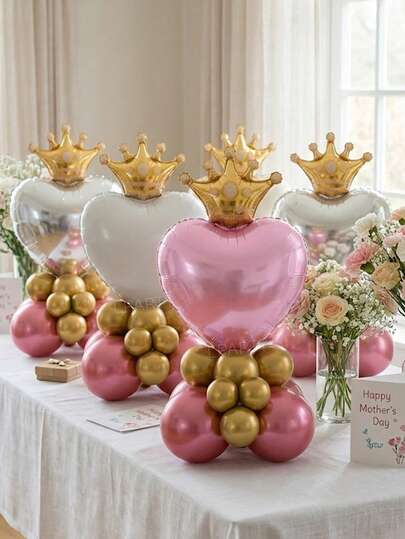 14pcs/Set Mother's Day Party Decoration Simple Warm Balloon Set (6 Styles), 18-Inch Heart Shaped Foil Balloons (Light Pink/Cream/White/Rose Gold/Silver/Light Purple), Mini Gold Crown Balloons, Metallic Fuchsia Latex Balloons, Metallic Gold Latex Balloons, Suitable For Mom's Birthday, Wife's Birthday, Queen Theme Birthday; Mother's Day Surprise Scene Decoration Props