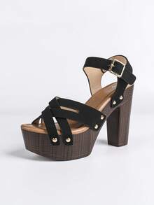 2026 Summer New High Heel Rivet Sandals Women, Waterproof Platform Thick Heel Slip-On Open Toe Thick Bottom Shoes - Black - View 16